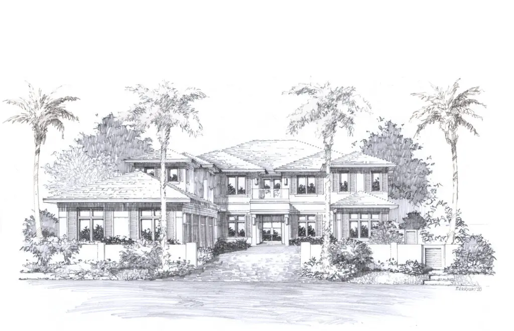 A drawing of a house with palm trees in the background.