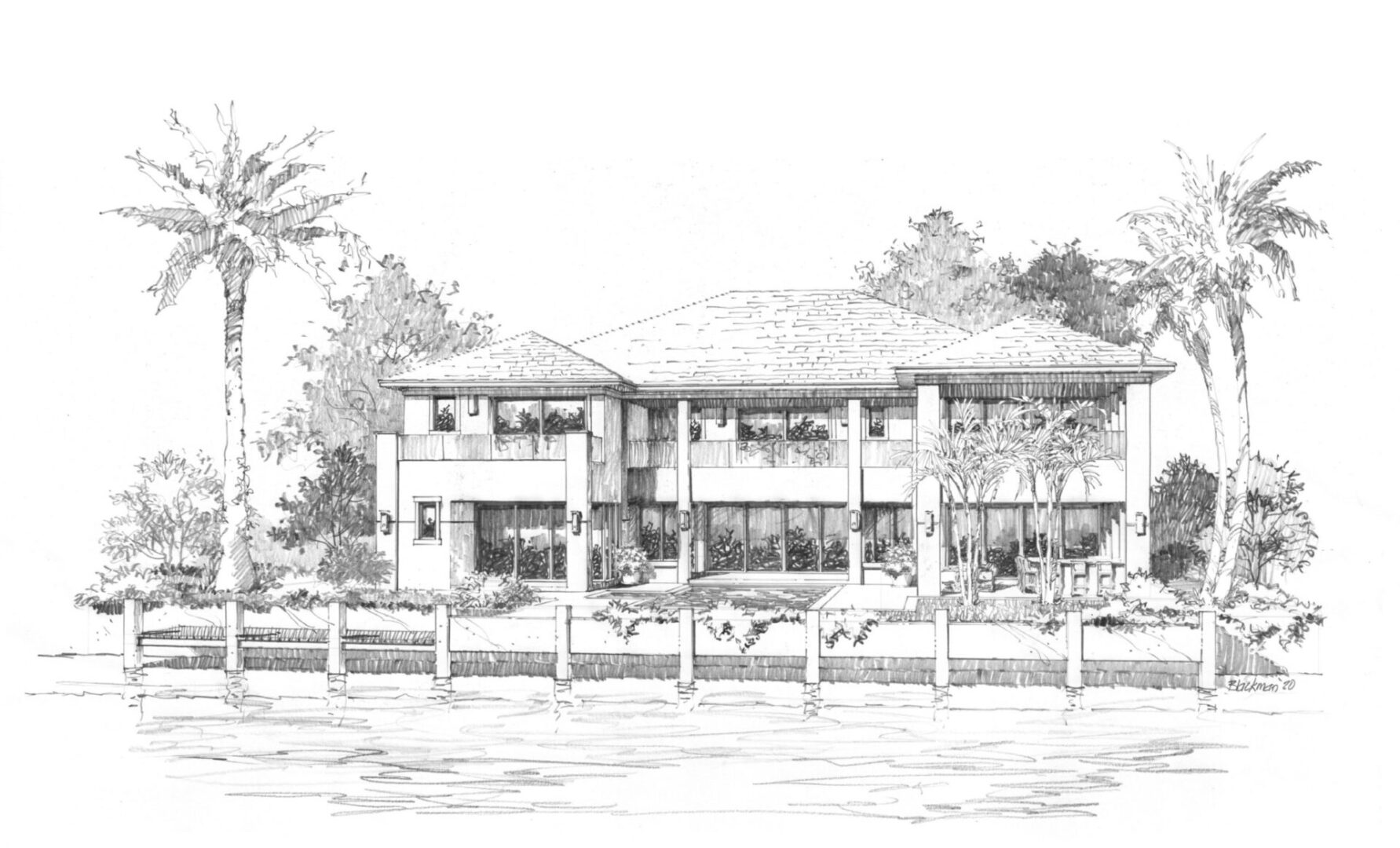 A drawing of a house with trees in the background
