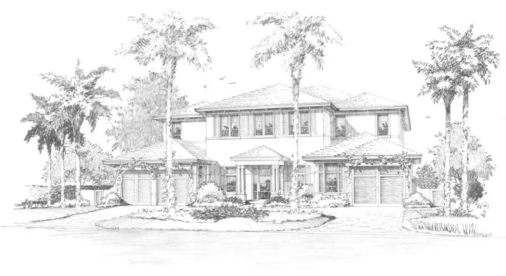 A drawing of a house with palm trees in front.