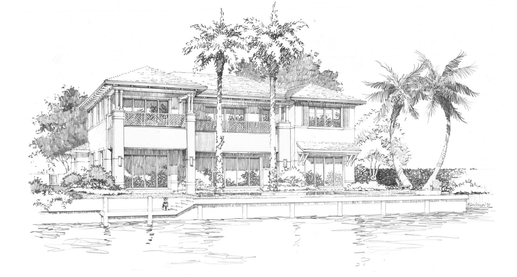 A drawing of a house with palm trees in front.