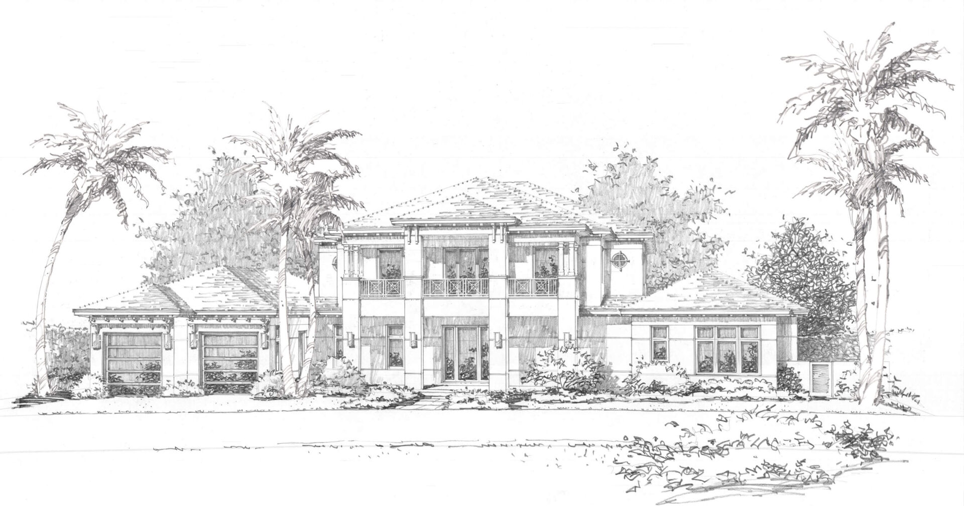A drawing of a house with palm trees in the background.