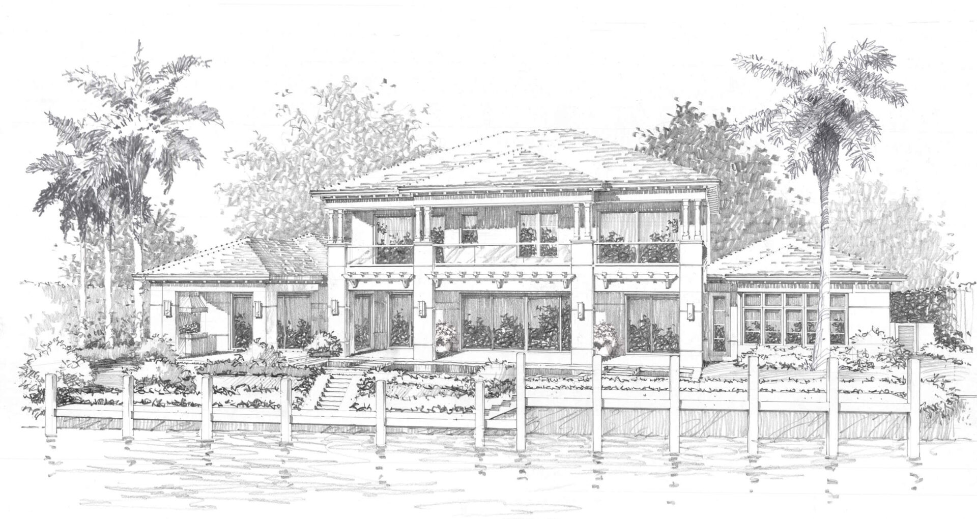 A drawing of a house with water in the background.