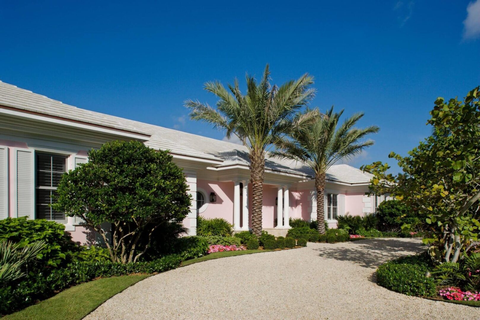 A large driveway with palm trees and bushes.
