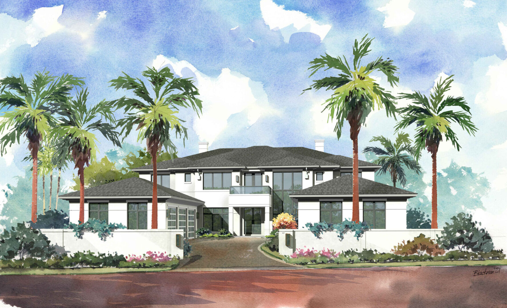 A painting of a house with palm trees in the background.
