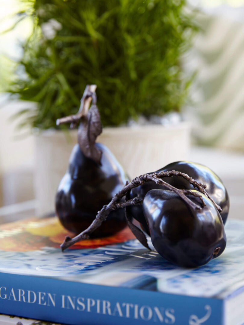 Two black pears on a table with a plant in the background.