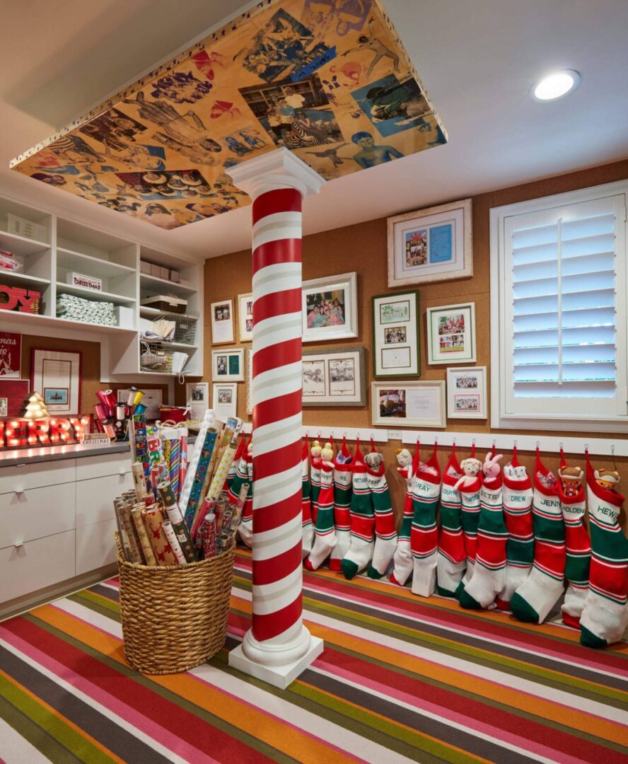 A room with a striped floor and red and white decorations.