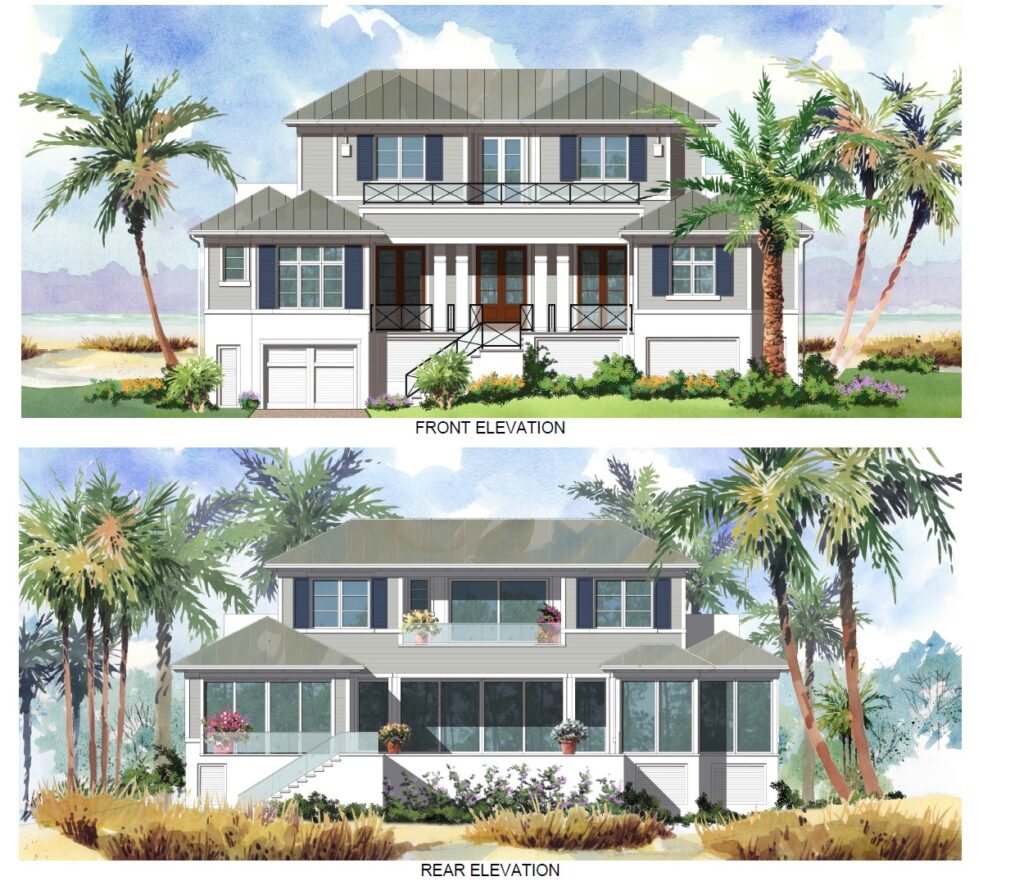 A drawing of two different houses with palm trees.