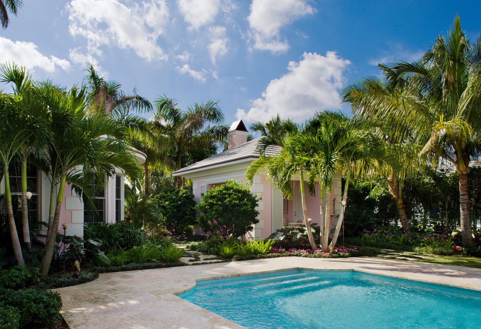 A pool with palm trees and bushes in the background.
