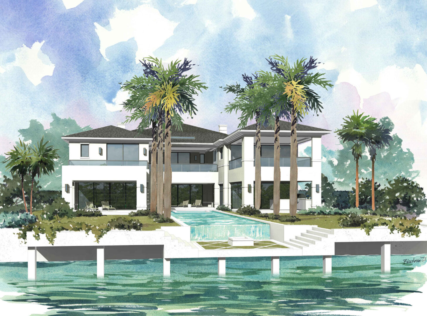 A rendering of the front of a house with palm trees.