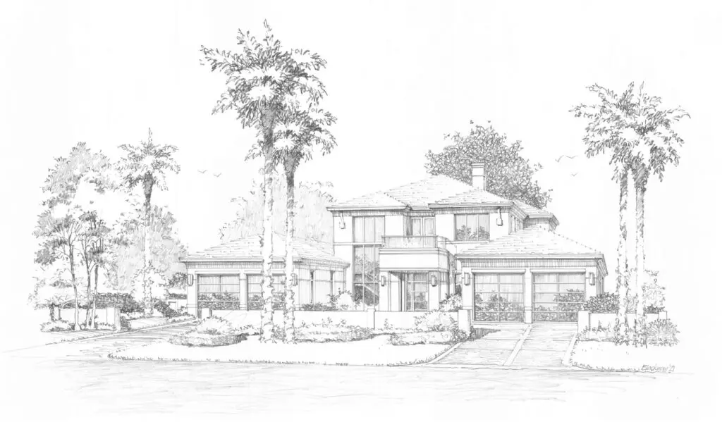 A drawing of a house with trees in front