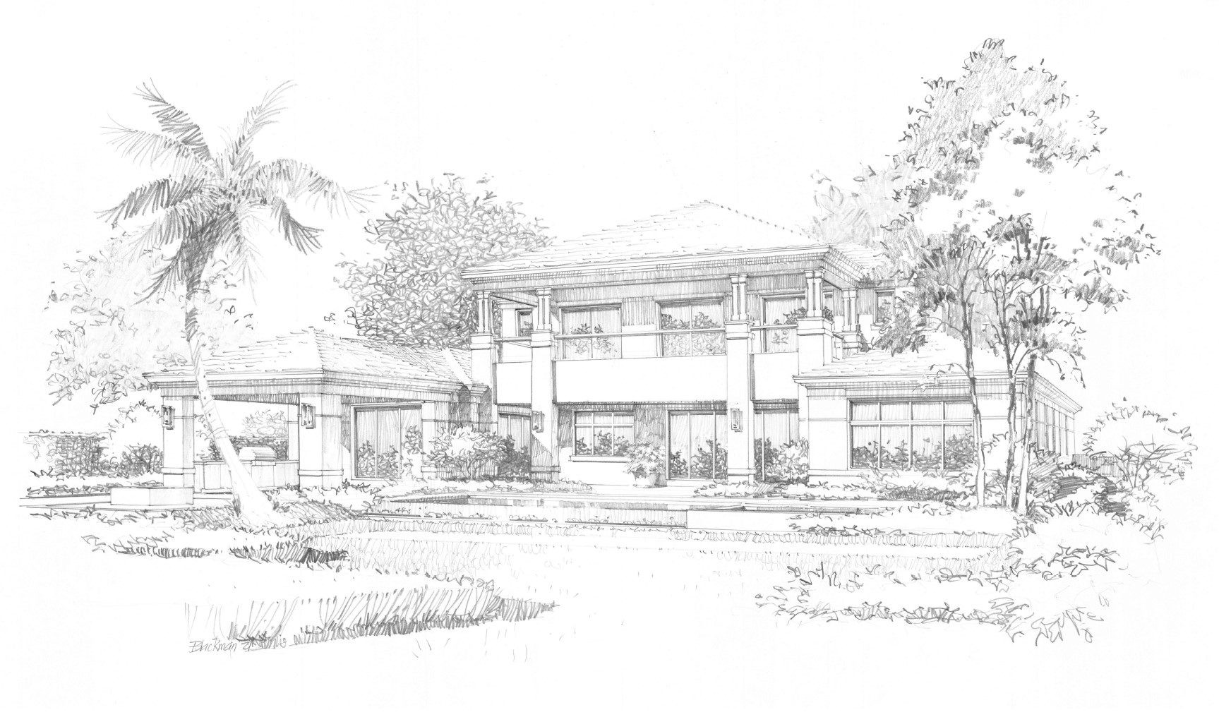 A drawing of a house with trees in the background
