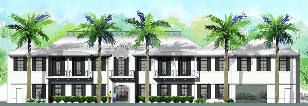 A drawing of the front of a house with palm trees.