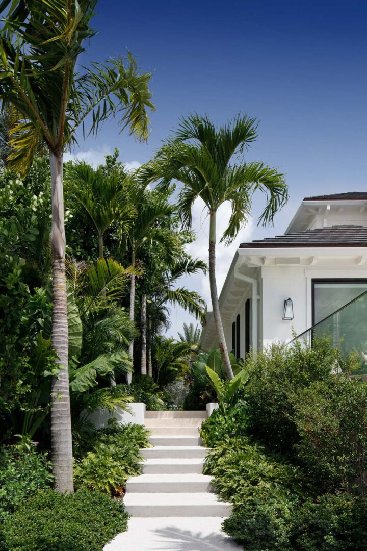 A house with palm trees and bushes in front of it.