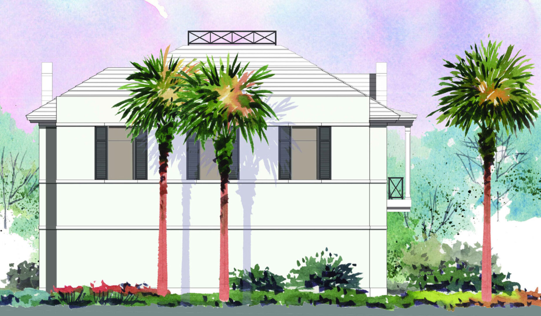 A drawing of two palm trees in front of a building.