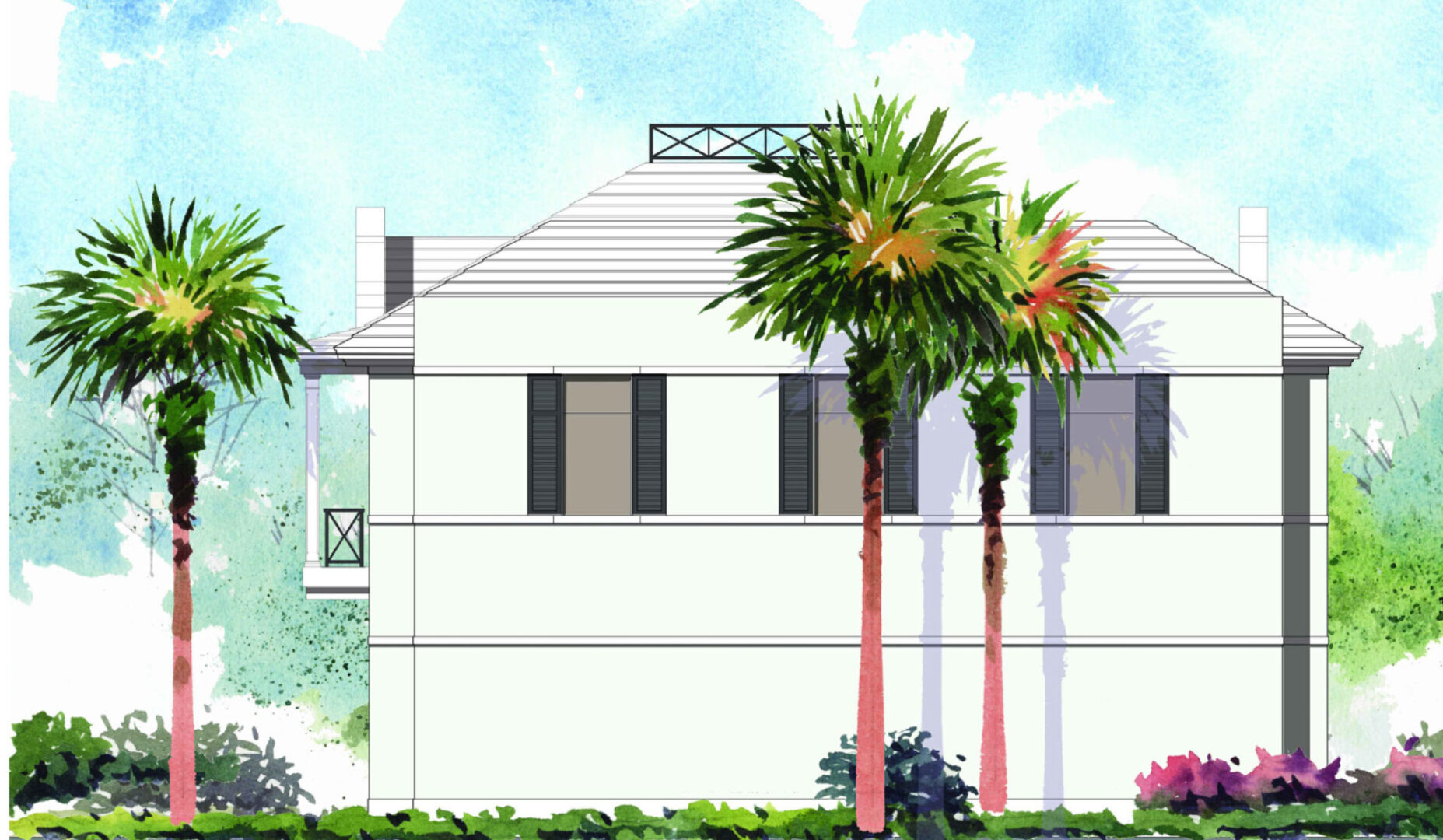 A drawing of two palm trees in front of a building.