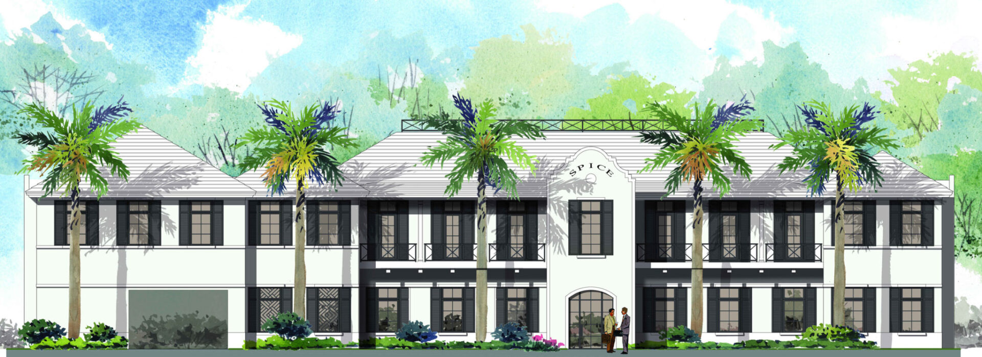 A drawing of the front of a building with palm trees.