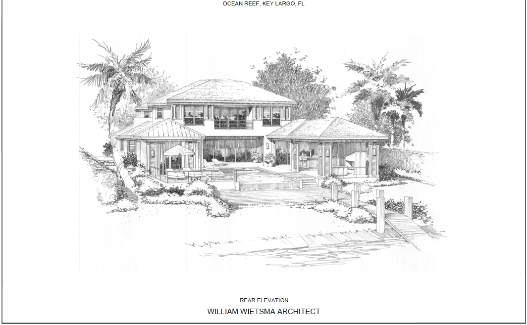 Sketch of a house with a pool and dock.