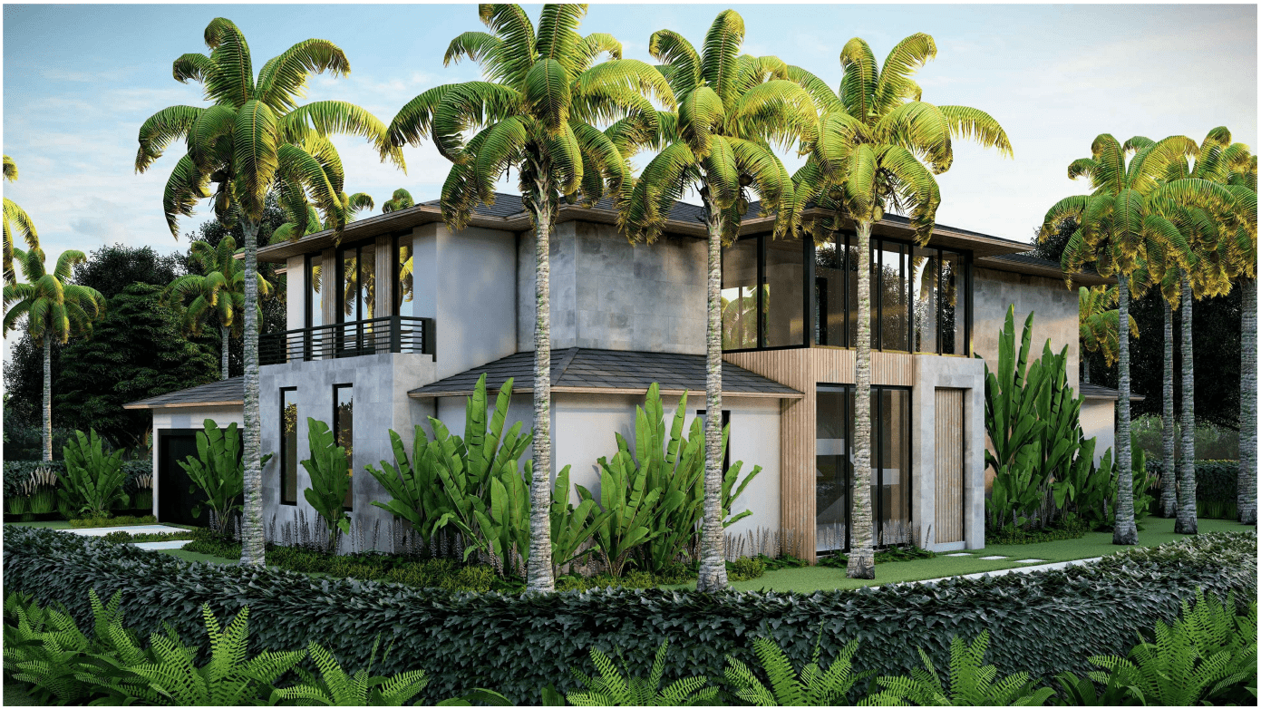 Modern tropical house with palm trees.