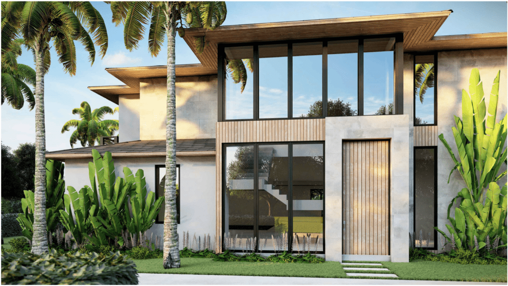 Modern house with large windows and tropical plants.