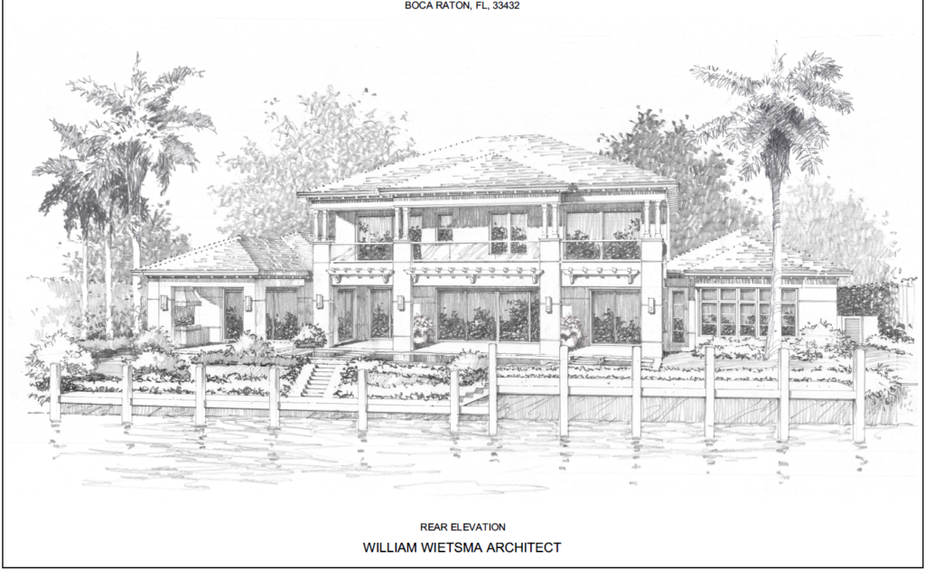 Pencil sketch of a house by the water.