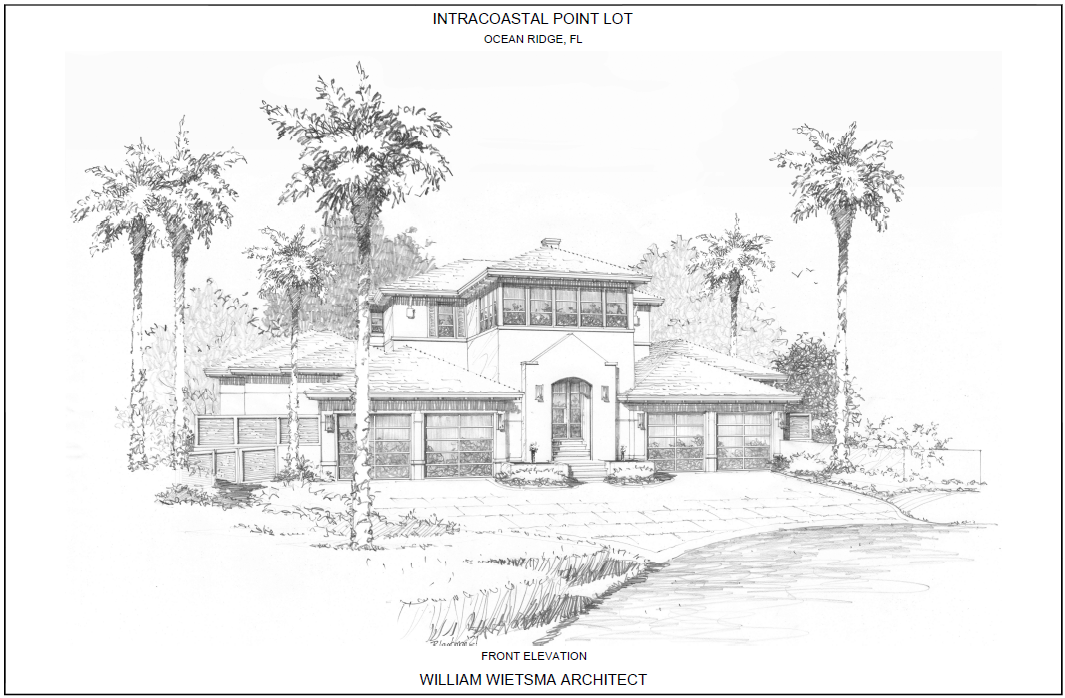 Pencil drawing of a house with palm trees.