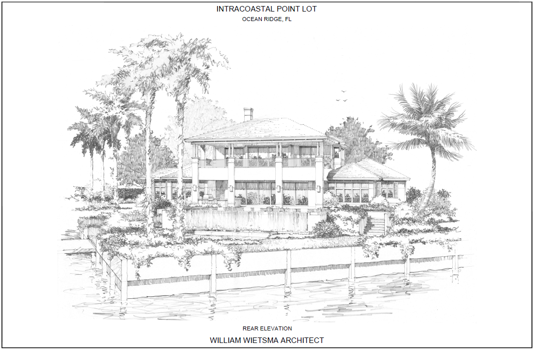 Line drawing of a waterfront house.