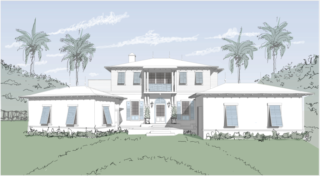 Line drawing of a white house with palm trees.