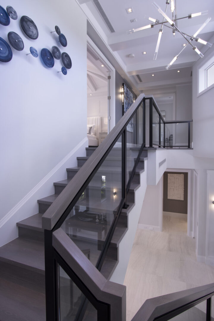 Modern glass railing on a staircase.